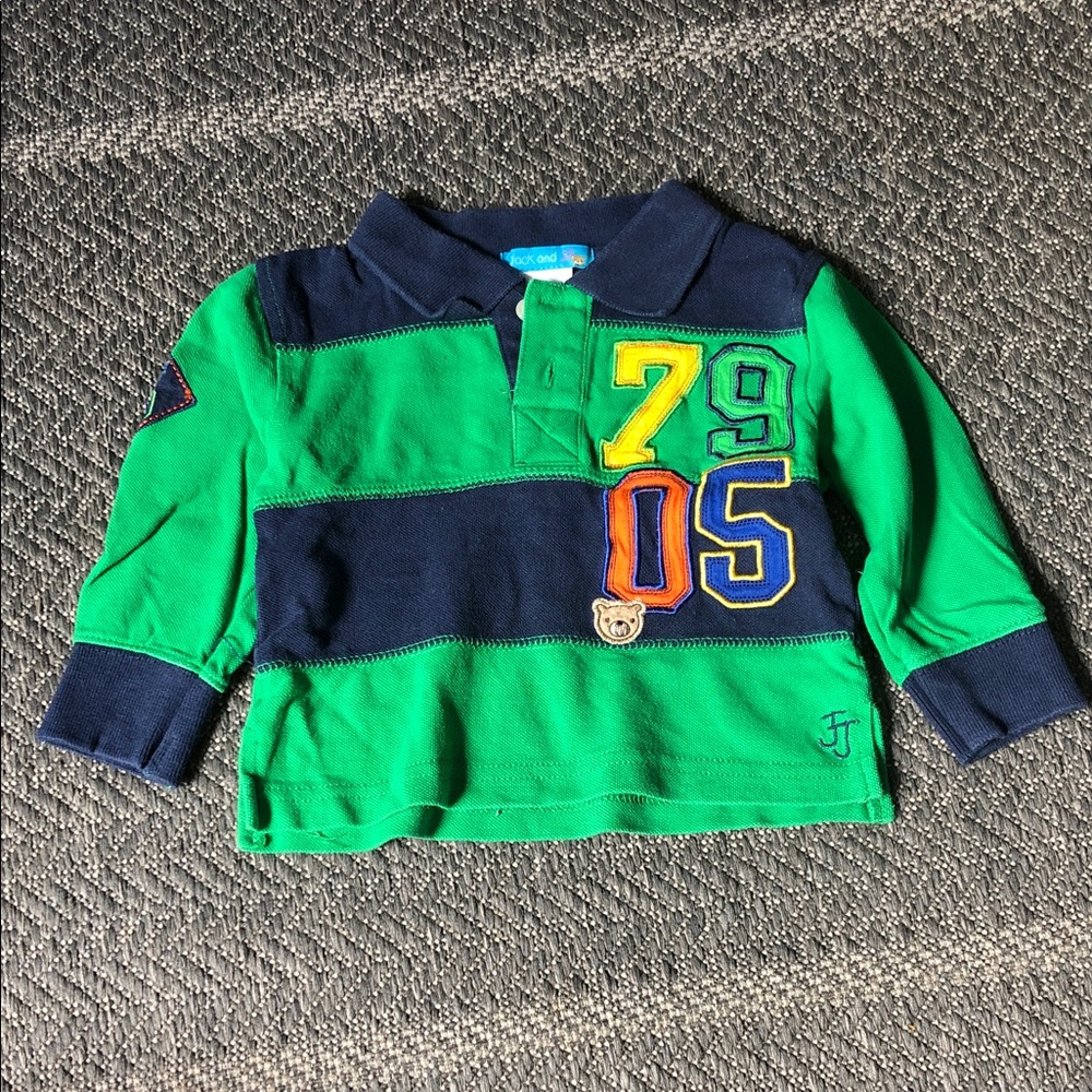Joules Green & Navy Striped Long-Sleeve Polo with Number Appliqués